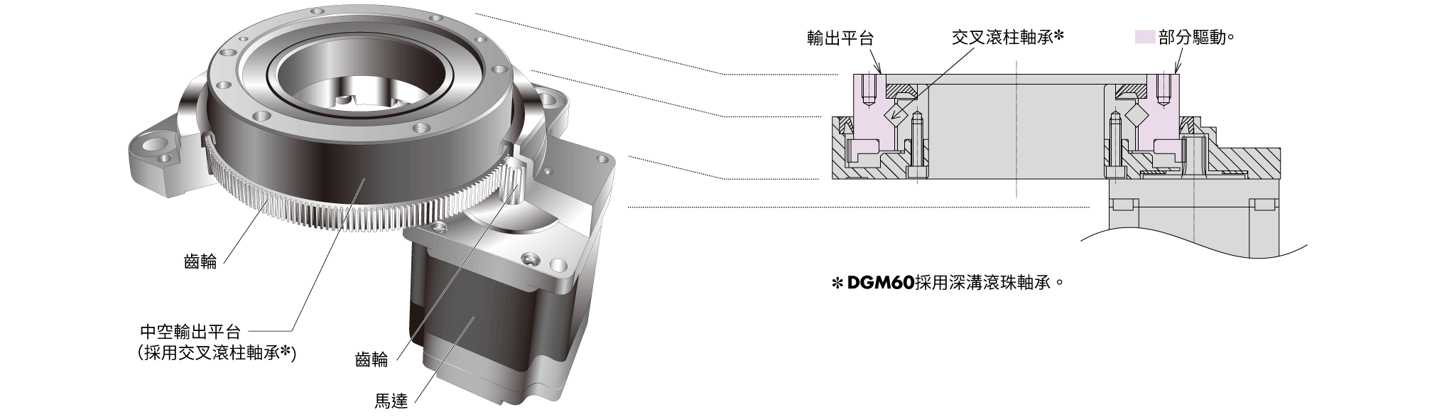 東方馬達 _電動模組_中空旋轉平台 DRII_採用交叉滾柱軸承達到高輸出驅動